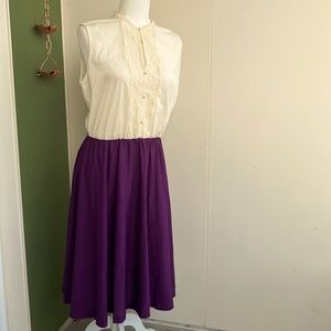 Vintage 70s Lace Front Flowy White and Purple Dress